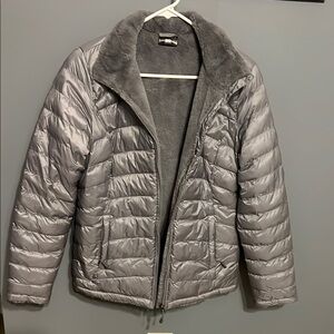 Silver Puffer Jacket with Faux Fur Lining